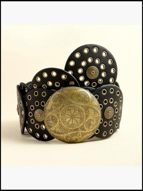 Wide Disc Belt Vintage Western Waist Leather Hollow Out Retro main image 5